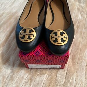 Tory Burch Black Loafers with Gold Emblem